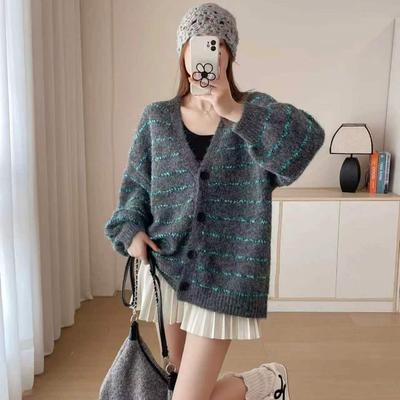 Autumn and Winter New Fashion Contrasting Color Striped V-neck Knitted Cardigan Women's Loose and Thin Lazy Wind Sweater Jacket