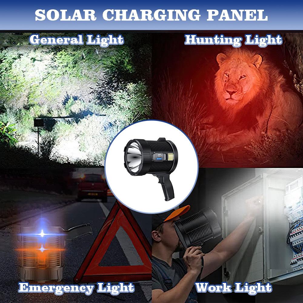 Powerful USB Rechargeable Flashlight Solar Waterproof LED Portable Light 3 Gear Charge 900000000 Searchlight Long Range Lamp