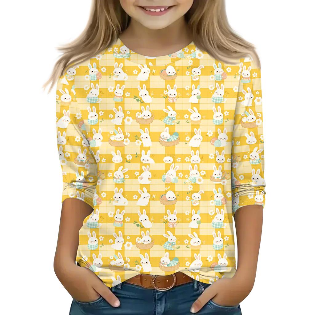 Print Tops For Youth Girls Round Neck 3/4 Sleeves T-Shirts Trendy Tops Outfit Tees