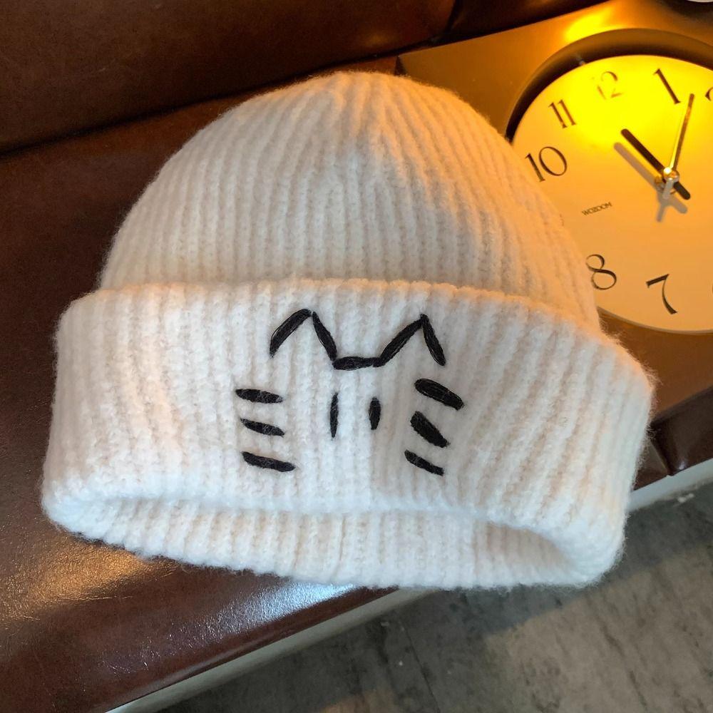 Wool Knit Beanies Embroidered Kitten Printing Knit Cap Cute Cat Knitted Hat  Apparel Accessories