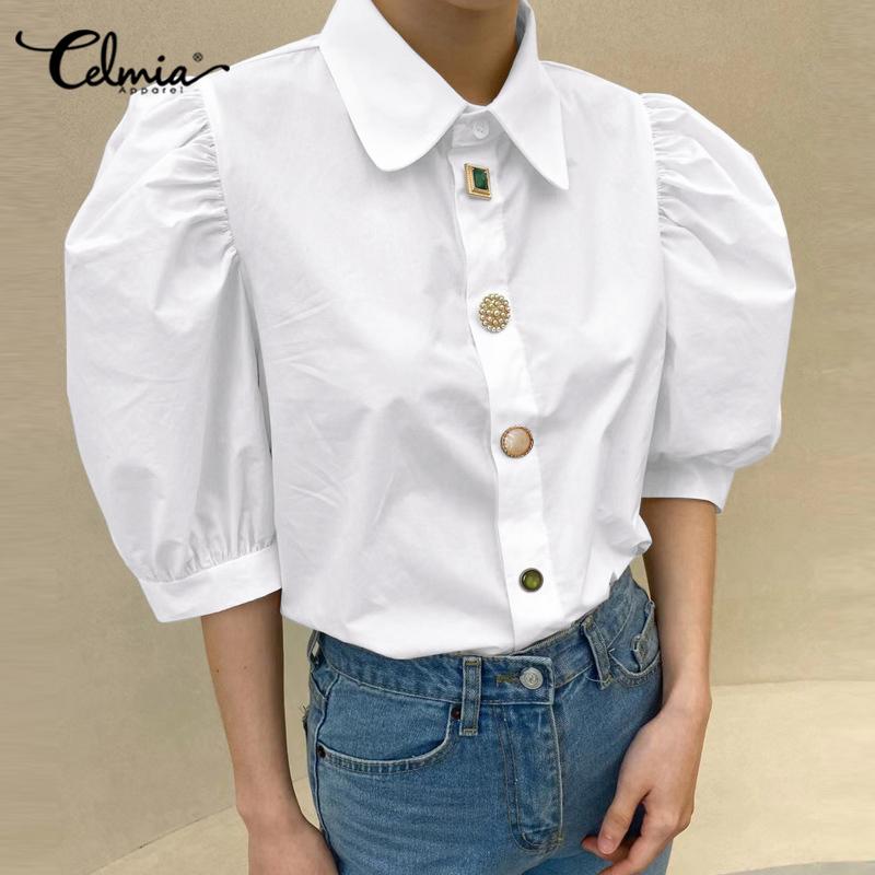 

Celmia Лето Женская мода Puff Короткие рукава Рубашка Отвернутый воротник Элегантный Твердый Повседневный офис Свободная блузка Плюс Размер Топы