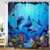 Dolphin Shower Curtain, Blue Underwater World Marine Life , Polyester Fabric Kids Ocean Theme Bathroom Decor Set with 12 Hooks