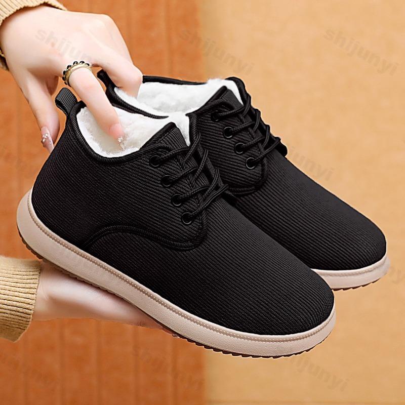 Sapatos de Algodão Femininos 2026 Inverno Novo Pelúcia Engrossado Casual Vintage Botas de Neve Outdoor Antiderrapante Conforto Moda Cadarço Sapatos Quentes