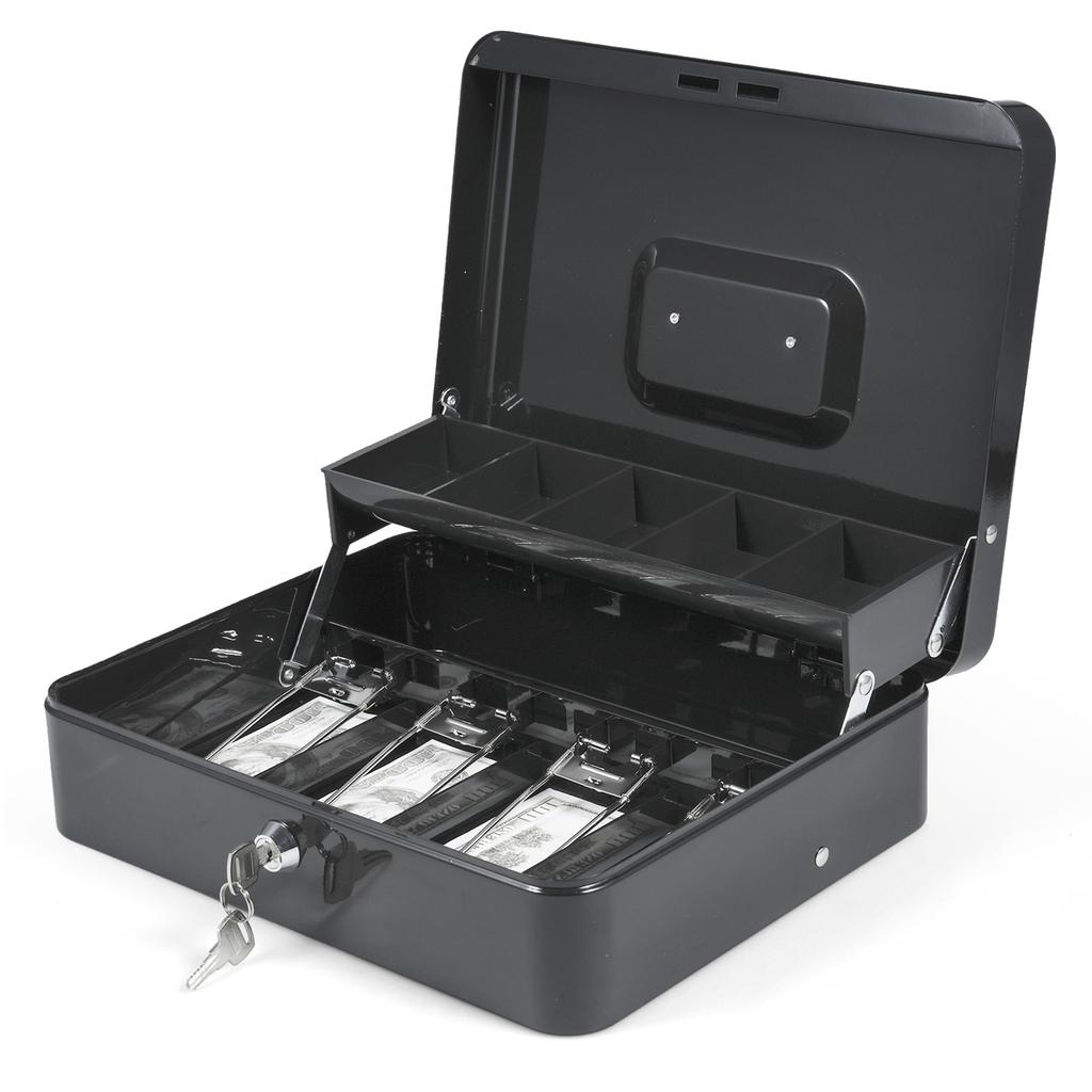 Cash Box Metal Money Box with 5 Coin Trays Cantilever Design & 4 Bill Slot with Spring Clips To Organize and 2 Keys
