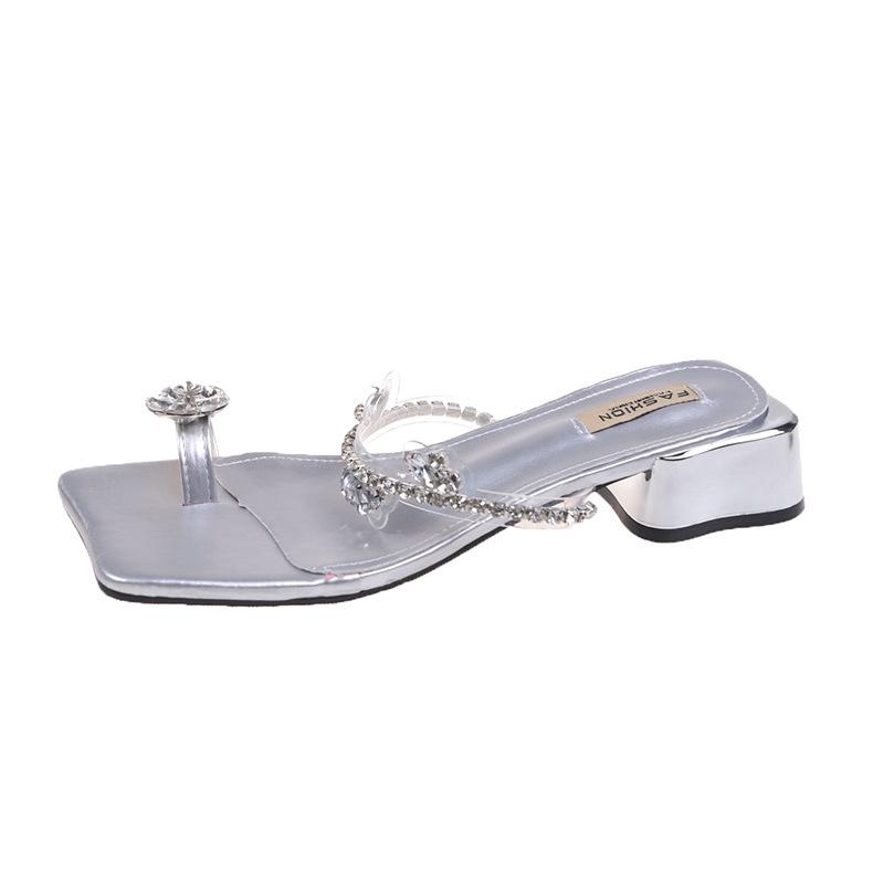 Fashion Hot Selling Crystal Women Slippers Fashion Mid Heels Shoes 2025 French Style Clip Toe Flip Flops Summer New Slides Sandals Shoes