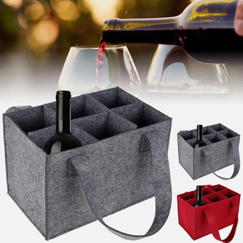 6 Bottles Felt Wine Bottle Holder Bag Grey Protective Wine Storage Bag Washable with Carry Handle Wine Bottle Carrier Wedding