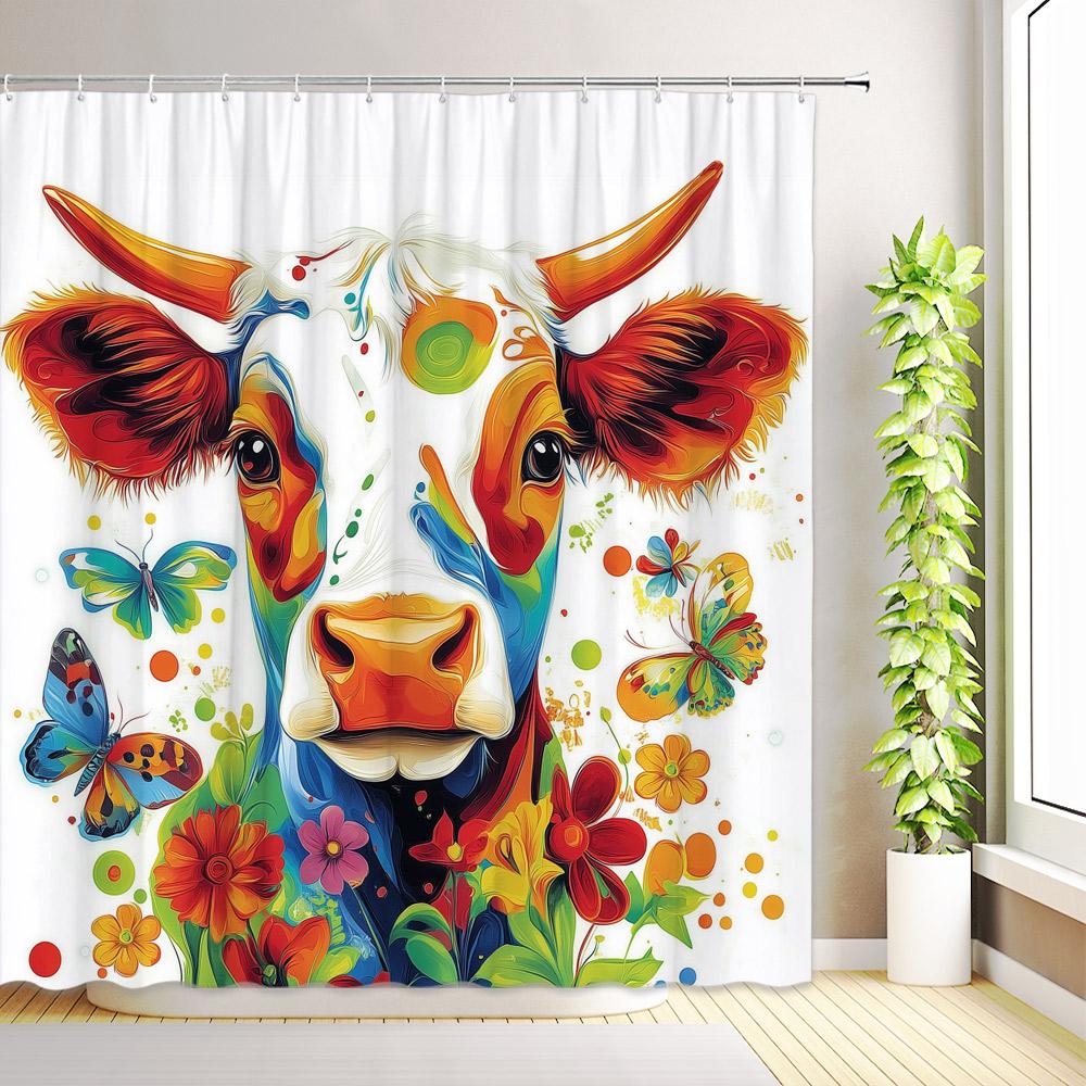

Cute Highland Cow Shower Curtain Funny Animals Rustic Farmhouse Cattle Butterfly Pink Flower Plants Cowboy Boots Bathroom Decor 35x70inch-90x180cm
