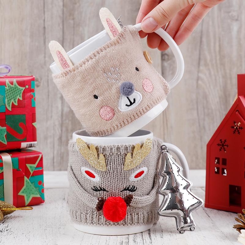 Christmas Ceramic Mug with Knitted Santa Sleeve & Tree Tea Infuser Festive Tea Cup Set Xmas Gift for Tea Lovers