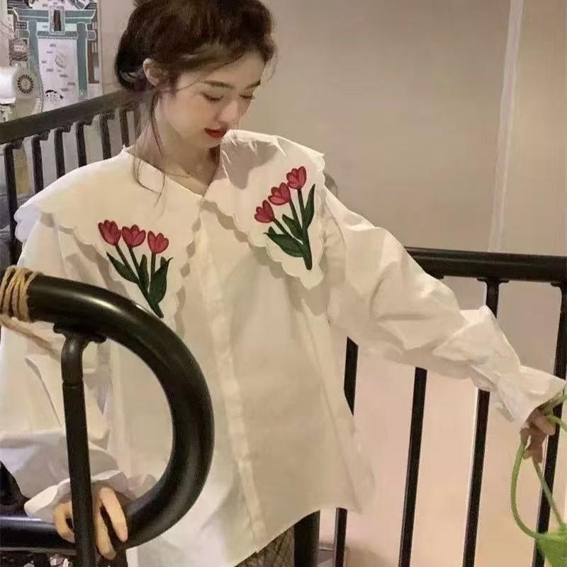 Flower Patterned Women's Shirt Embroidery Design Single Breasted Famale Loose Shirts Spring Casual Lady Long Sleeved Top