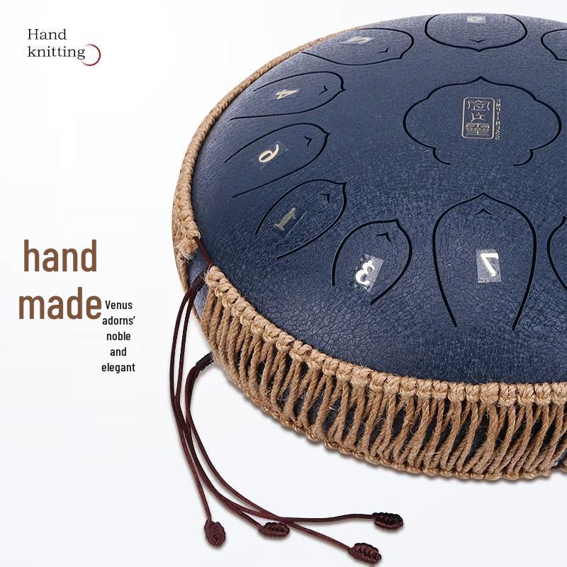 Ethereal 13-Tone Steel Tongue Drum with Handmade Hemp & Cotton Rope Edging, Includes Drum Mallet & Decorative Braided Rope