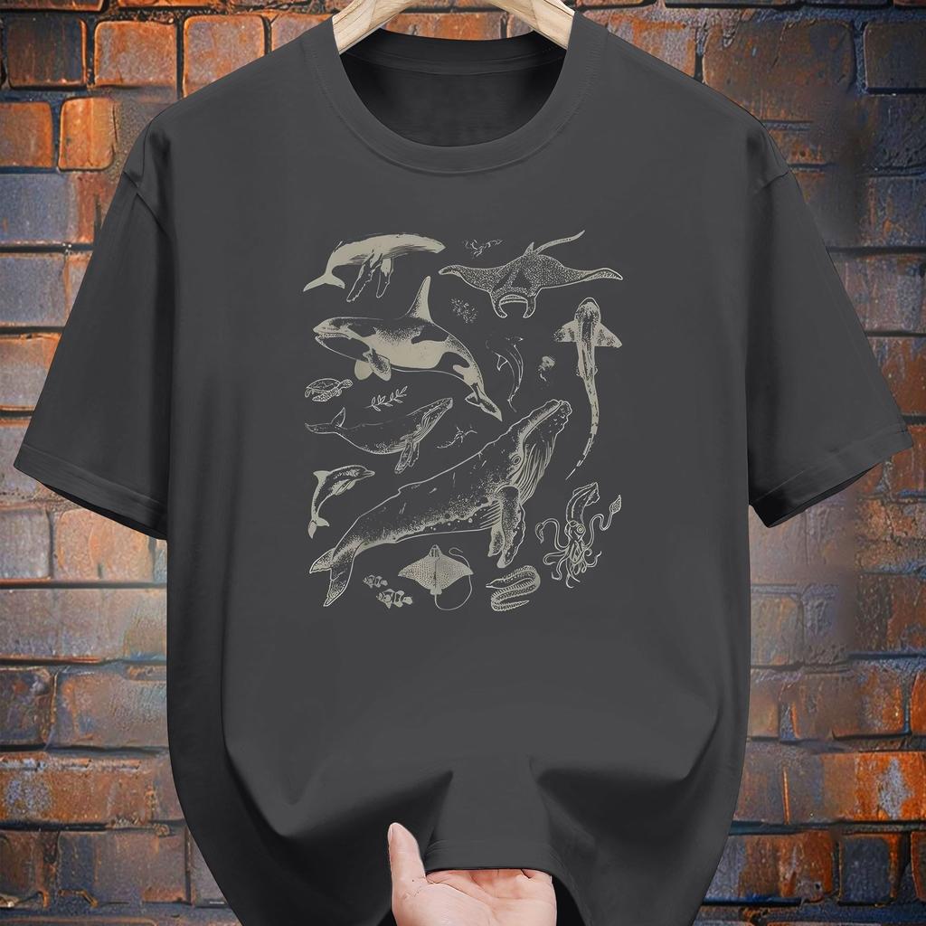 Cotton Print Short Sleeve T-Shirt Whale Shark Design Casual Summer Tee for Adults Round Neck Clothing