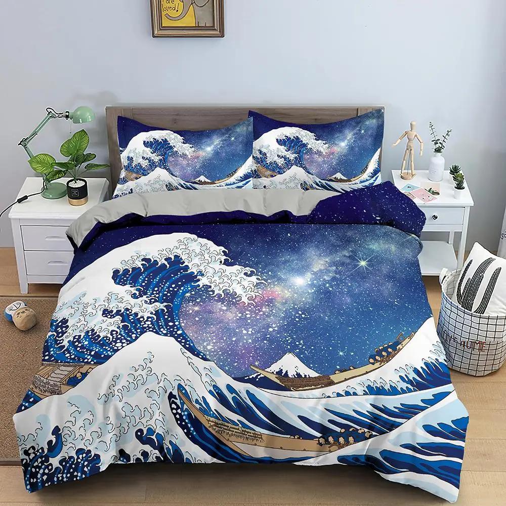 Wave Duvet Cover Set For Kids Teens Adult King Size Abstract Blue Ocean Comforter Cover Waves Sailing Moon Polyester Bedding Set