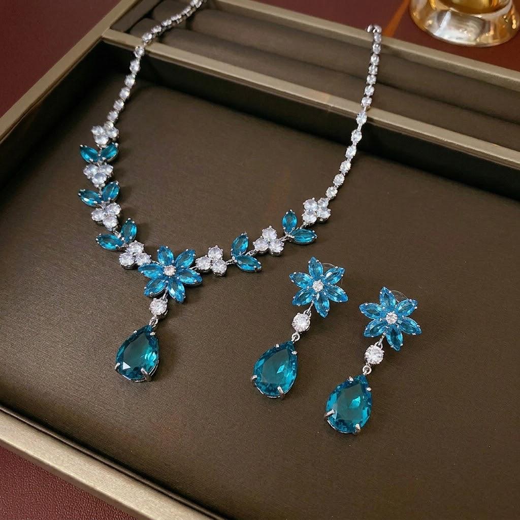 European Style Zircon Sea Blue Flower Necklace & Earrings Set
