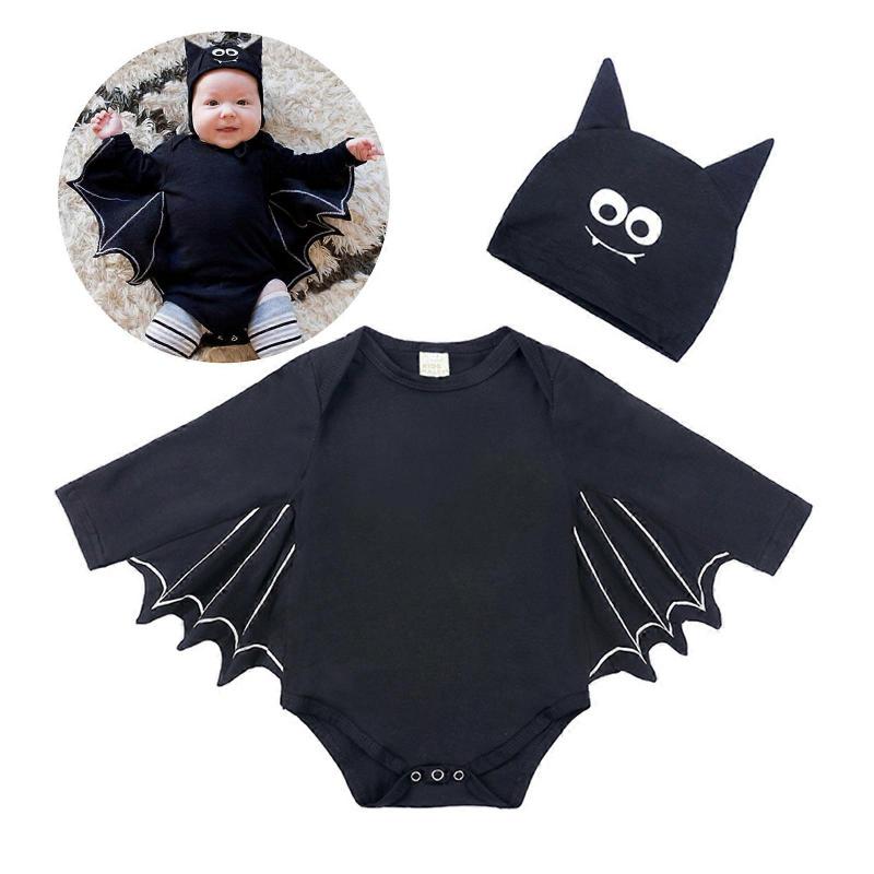 Trendy Infant Cotton Bat Rompers and Hat Set Batwing Sleeve Solid Halloween Animal Clothes Baby Jumpsuit Hat for Babies 70-100
