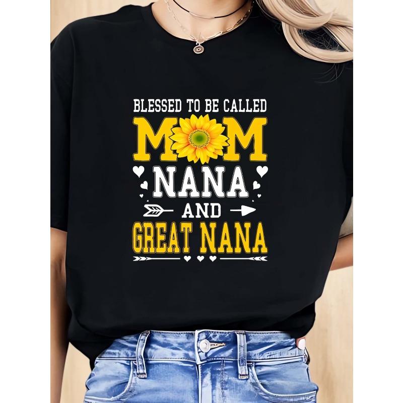 

Crew Neck, Short Sleeve, Slight Stretch, Knit Fabric, Oversized Pullover with Geometric Pattern and Mom Nana Great Nana Print for Spring/Summer S чёрный