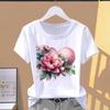 (Asian Size)  Flower Watercolor Style T-shirts Female Casual Short Sleeve O-neck Fashion Graphic Tee Print Women's Top T Clothing
