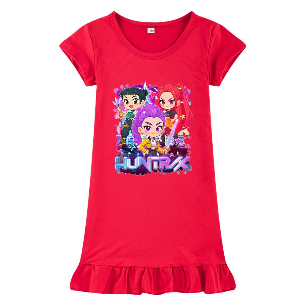 M1222 Kids Girls Kpop Rumi Zoey Mira Print Short Sleeves Ruffle Dress