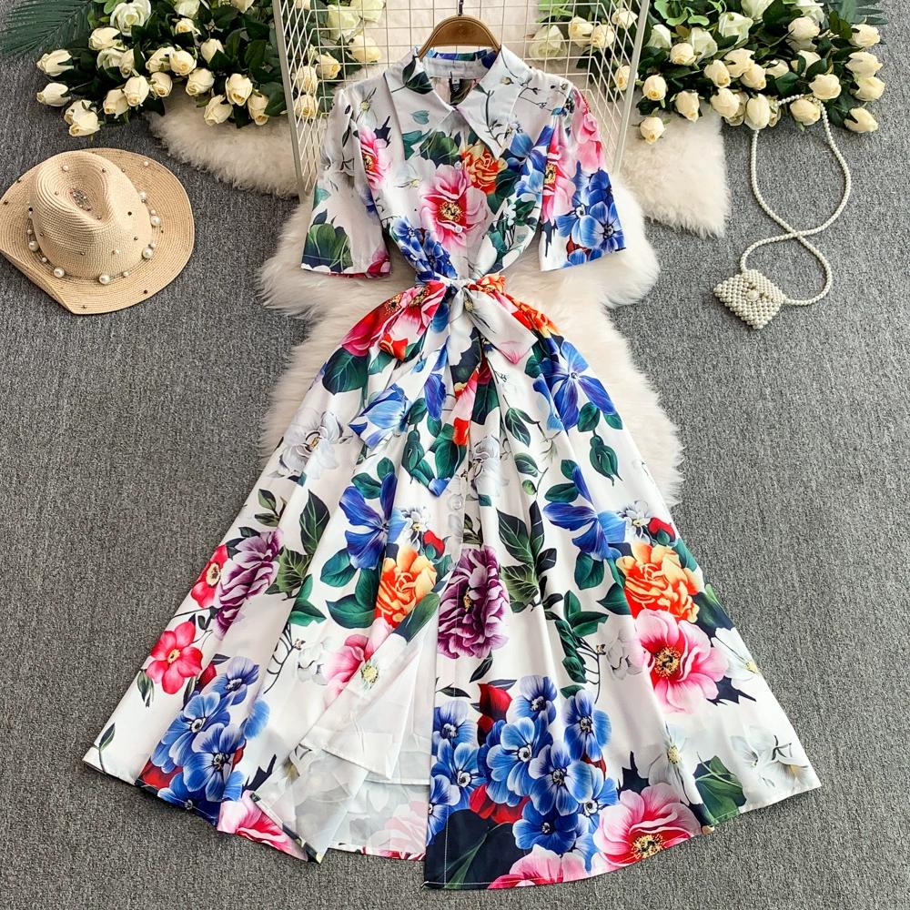 

Летнее женское дизайнерское платье с принтом с подиума, элегантное платье-рубашка миди с отложным воротником для офисной работы, на шнуровке XXL белый