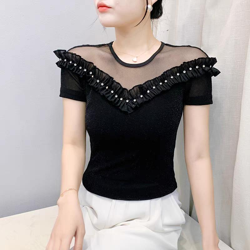 Módní letní dámské elegantní volánky s korálky tričko elegantní s krátkým rukávem s kulatým výstřihem sexy topy dámské univerzální ležérní trička