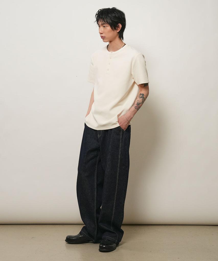 GENERALIDEA Man Waffle Henley Neck Short Sleeve T-Shirt [Ivory] / Gf2Mts012