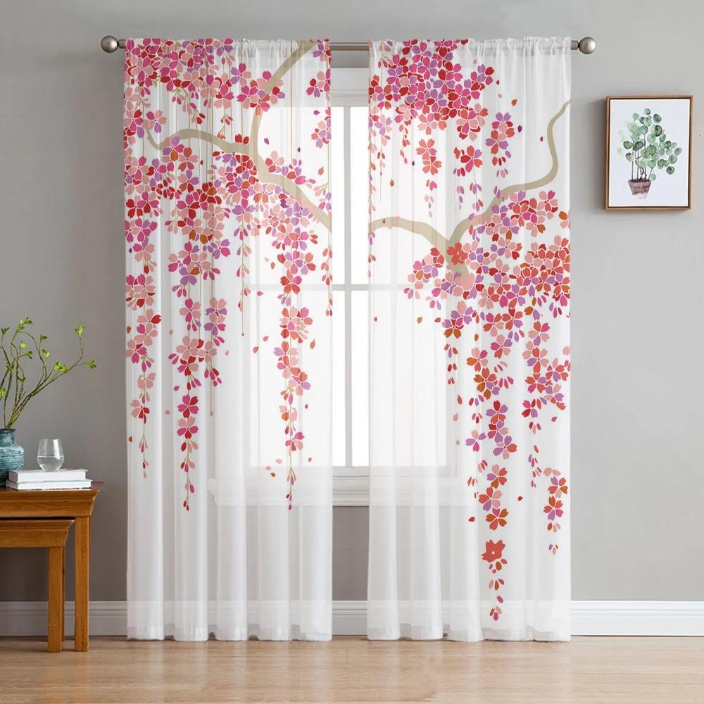 2pcs Plant Green Forest Greenery Vine Pattern Chiffon Sheer Curtains Window Drapes For Bedroom Living Room Home Decoration