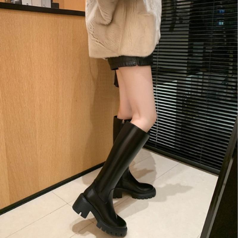Cowhide Version! Versatile New Sw Thick Heel Thick Bottom Side Zipper Medium and High Boots Women's Knight Boots Long Boots Autumn