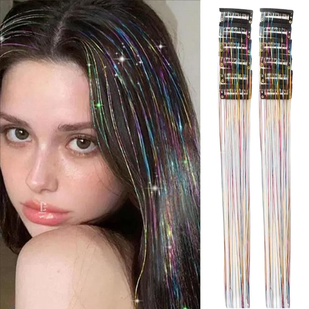 12Pcs Hair Tinsel Clip In 19.7" Glitter Tinsel Hair Extensions Synthetic Clip In Sparkle Hair Accessories For Kids Girls Women
