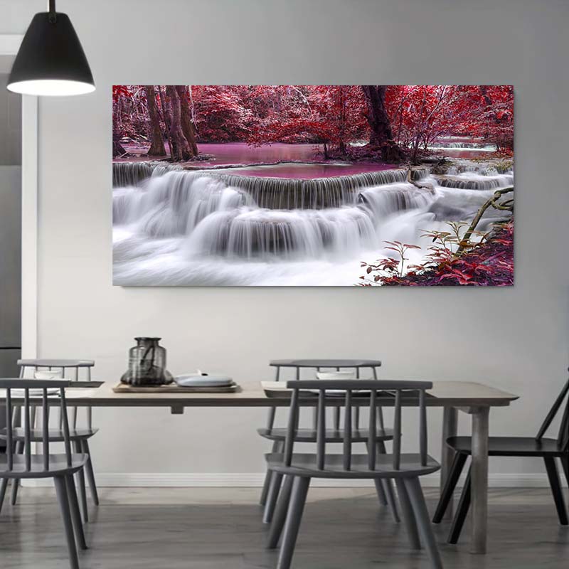 Landscape Natural Waterfall Canvas Painting Green Tree Forest Posters and Prints Wall Art Living Room Home Decor No Frame