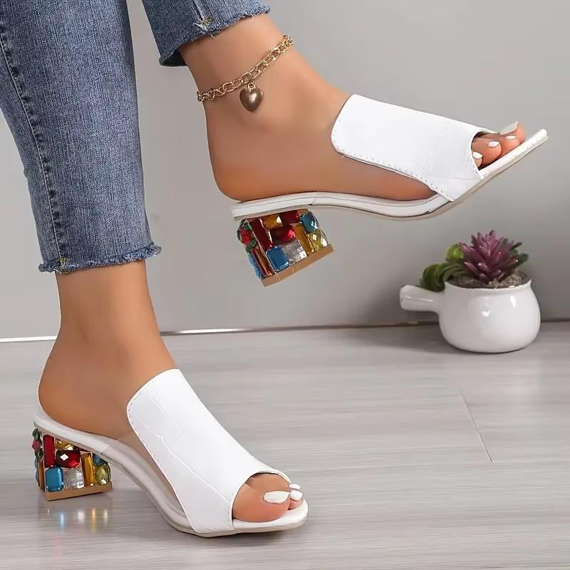 Women's Summer PU Leather Mules Sandals, Chunky Heel Rhinestone Slippers, Fashion Comfort Sandals for Party, Plus Size Available