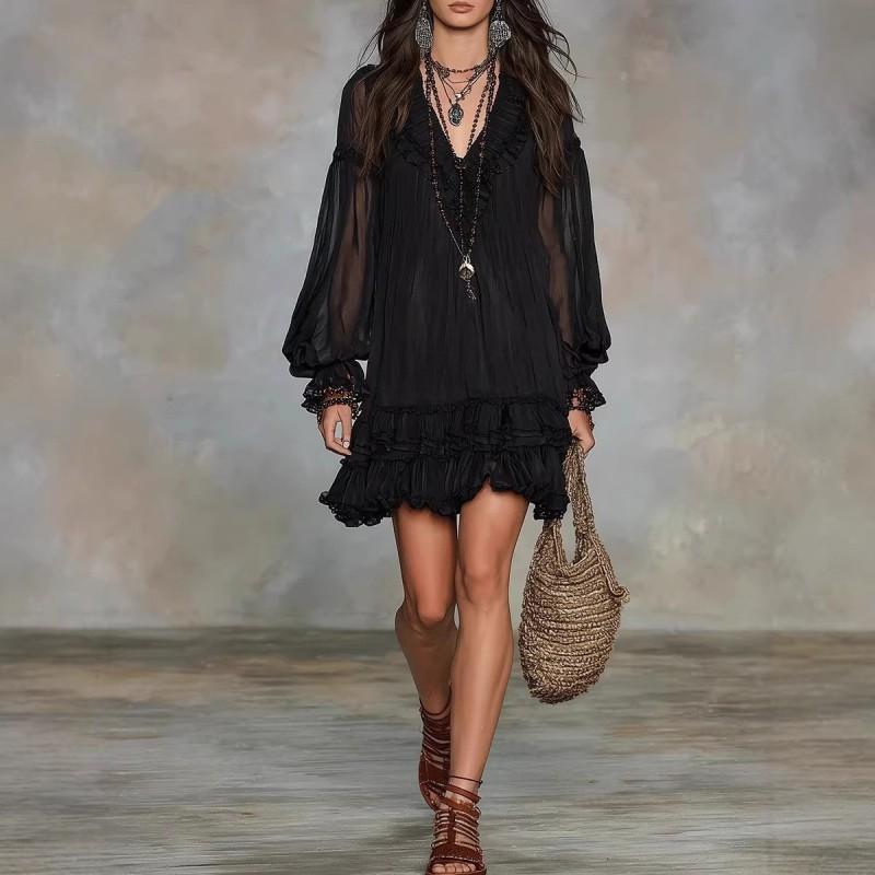 2026 V-Neck Ruffled Waist Dress Womens Solid A-Line Casual Street Style Short