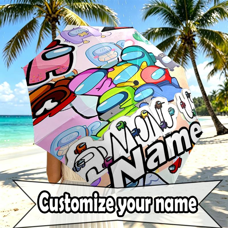 Custom Name Personalized Among Us Print Umbrella, Auto Open Close, 8‑Rib Sturdy Frame, Commute Camping Hiking Use, Birthday Gift
