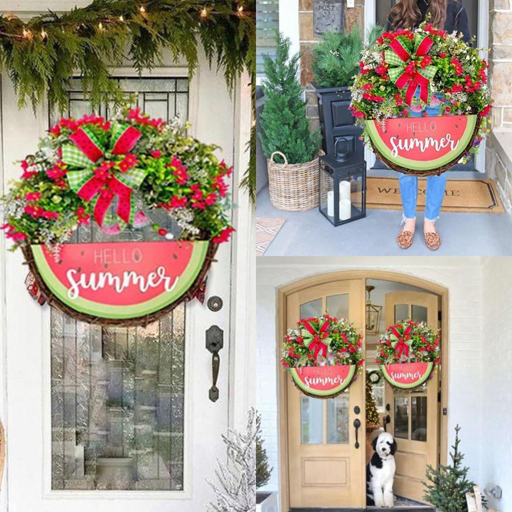 Summer Logo Wreath Watermelon Plaque Porch Decor, Summer Logo with Plastic Leaves Summer Home Farmhouse Porch Garden Patio Decor