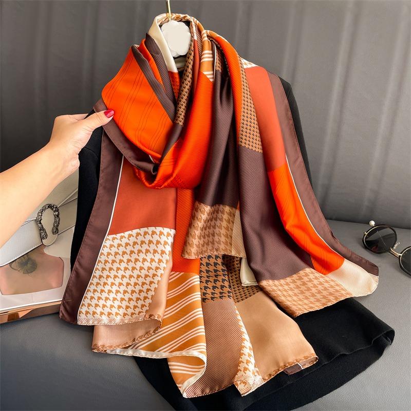 Thousand birds plaid scarf female beauty brocade large size long shawl orange coffee color popular color scheme silk scarf atmosphere leaf