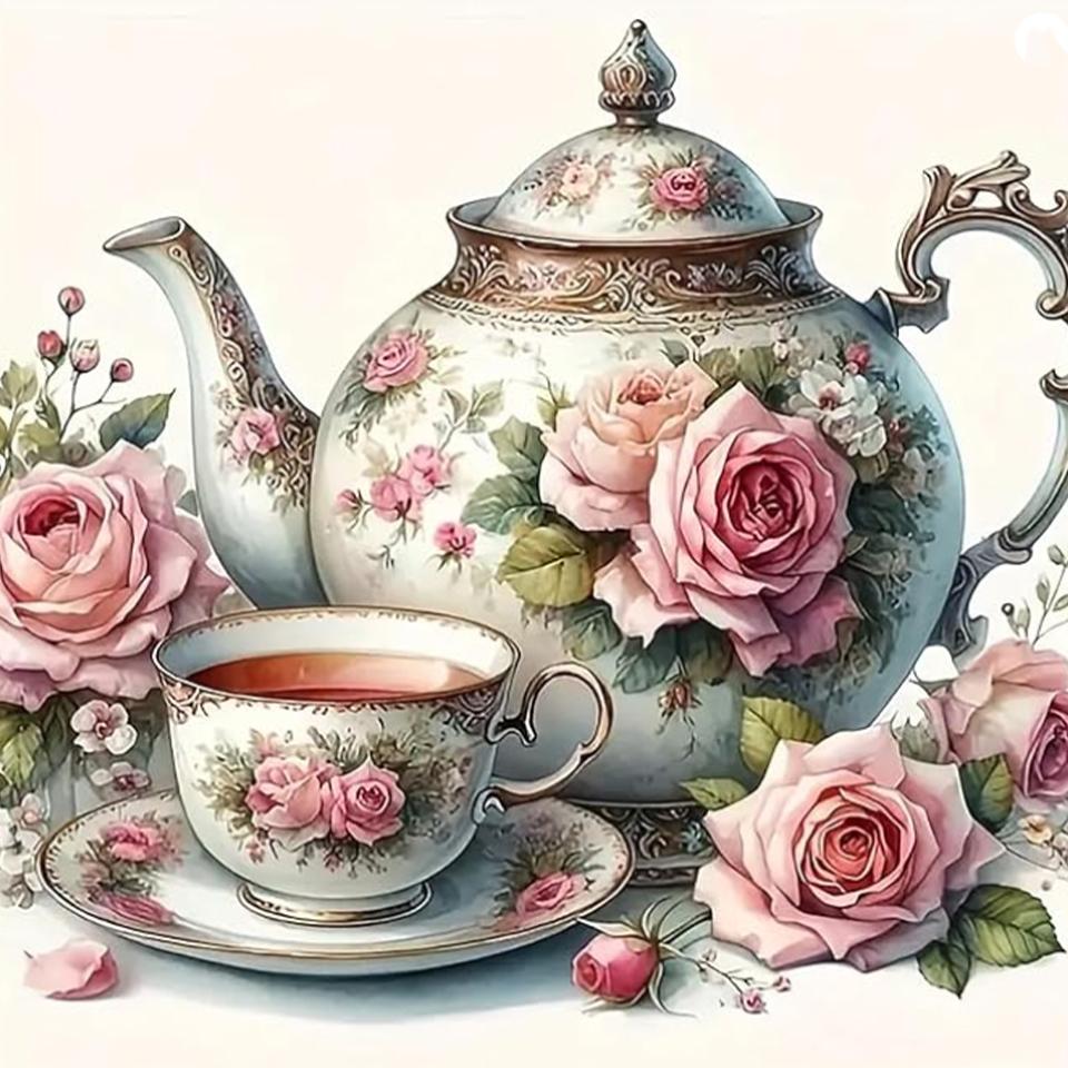 5D DIY Diamond Painted Kit Colorful Flower Tea Cup Handmade Cross Embroidery Dream Tea Pot Rose 2024 New Decoration Gifts
