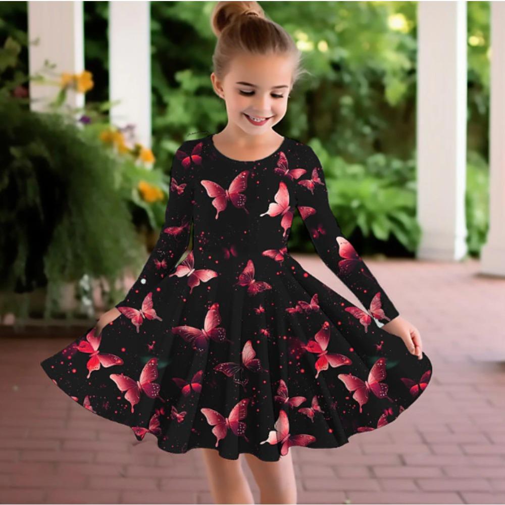 Vestito Casual da Bambina con Stampa 3D a Farfalle, Girocollo, Manica Lunga, Vestito da Principessa per Bambina