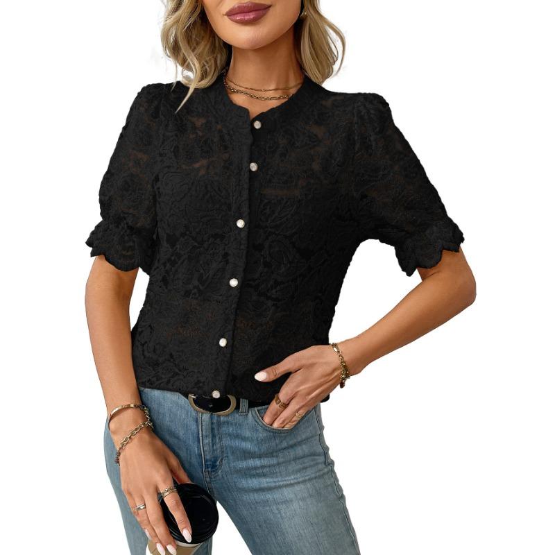Women's Summer Lace Short Sleeves Casual Shirt Button Up Shirt Top