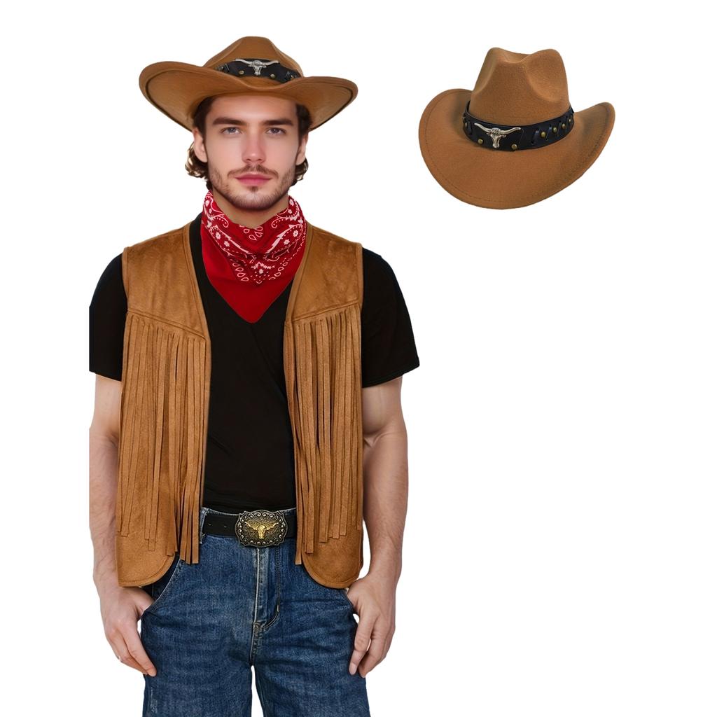Men's Costume Set with Fringed Vest Hat Belt Bandana 6-Piece Outfit for Halloween Party