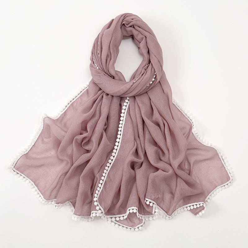 Winter Plain Solid Lace Chain Pom Pom Viscose Shawls Scarf Lady High Quality Wrap Pashmina Stole Bufandas Muslim Hijab 180*90Cm