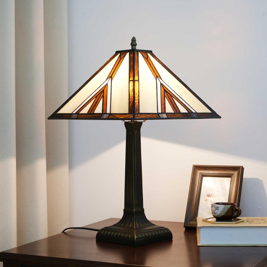 Retro Lamp Stained Glass Table Lamp Amber Brown Mission Style Desk Lamp Decor for Bedrooms Living Room Study Home Office