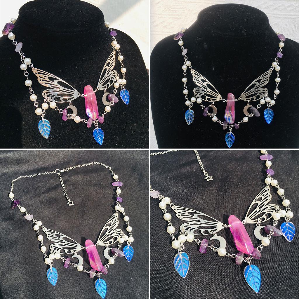 Handmade Natural Crystal Angel Necklace Butterfly Wing Pendant Necklaces Multi-Layer Tassels Choker Clavicle Chain Gift