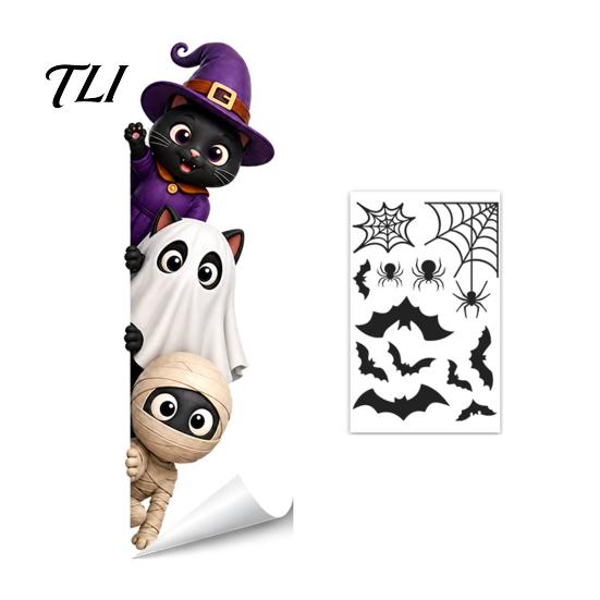 Easy Apply Glass Clings Halloween Window Clings, Pumpkins Skeletons Ghosts And Bats Print Decorative Decals, Electrostatic PVC Static