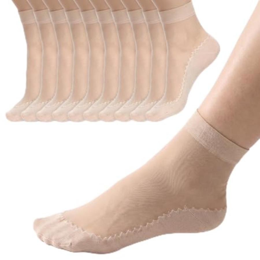 10 Pairs Sheer Socks For Women, Silky Anti-Slip Cotton Sole Sheer Ankle High Stocking Hosiery Socks Reinforced Toe