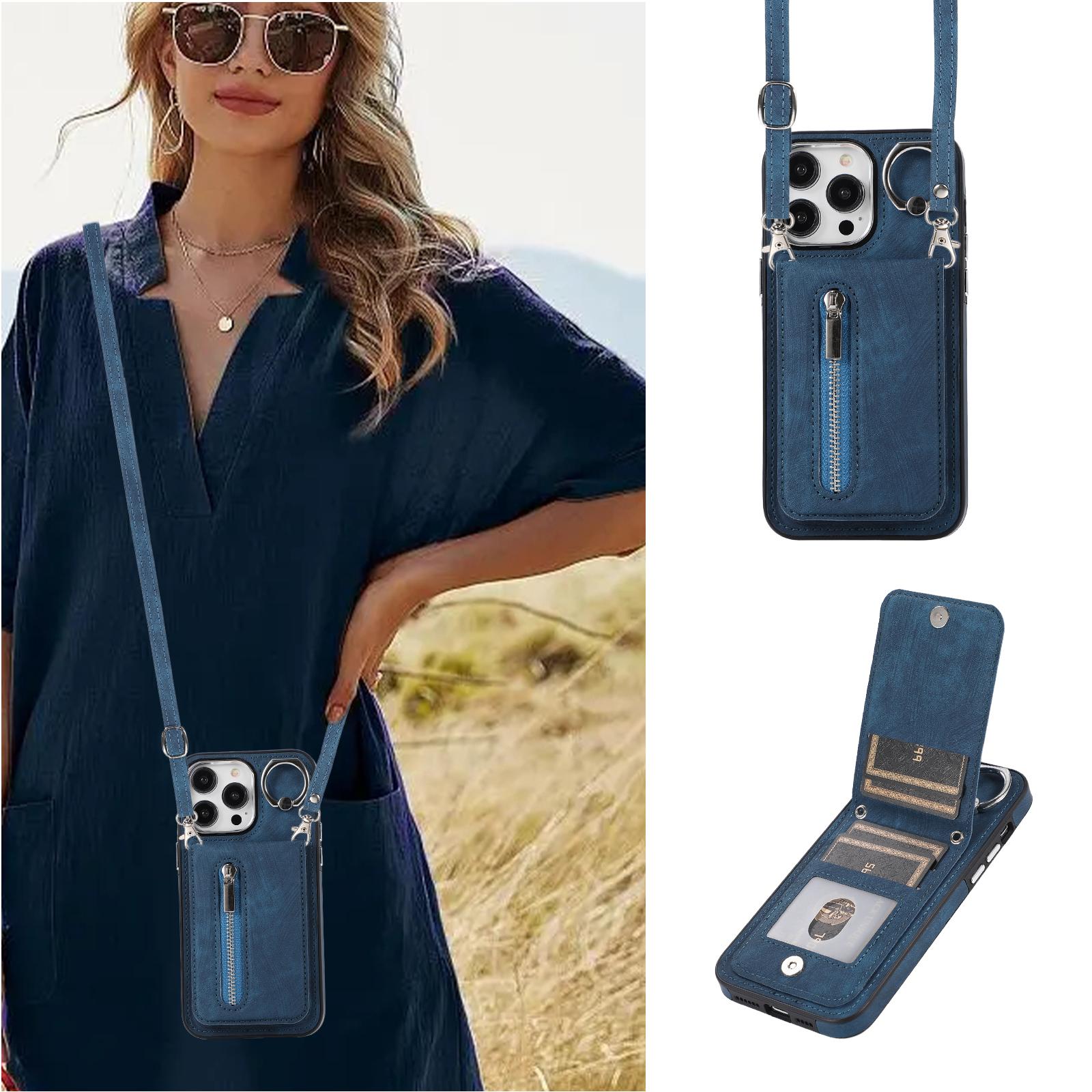 

For iPhone 15 Plus Zipper Pocket Phone Case Leather+TPU Kickstand Cover with Hand Strap and Shoulder Strap Blue