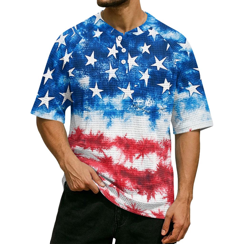 Men's Casual Waffle Knit Short Sleeve Shirt Button Front Patriotic Star Print Lightweight Breathable Summer Top