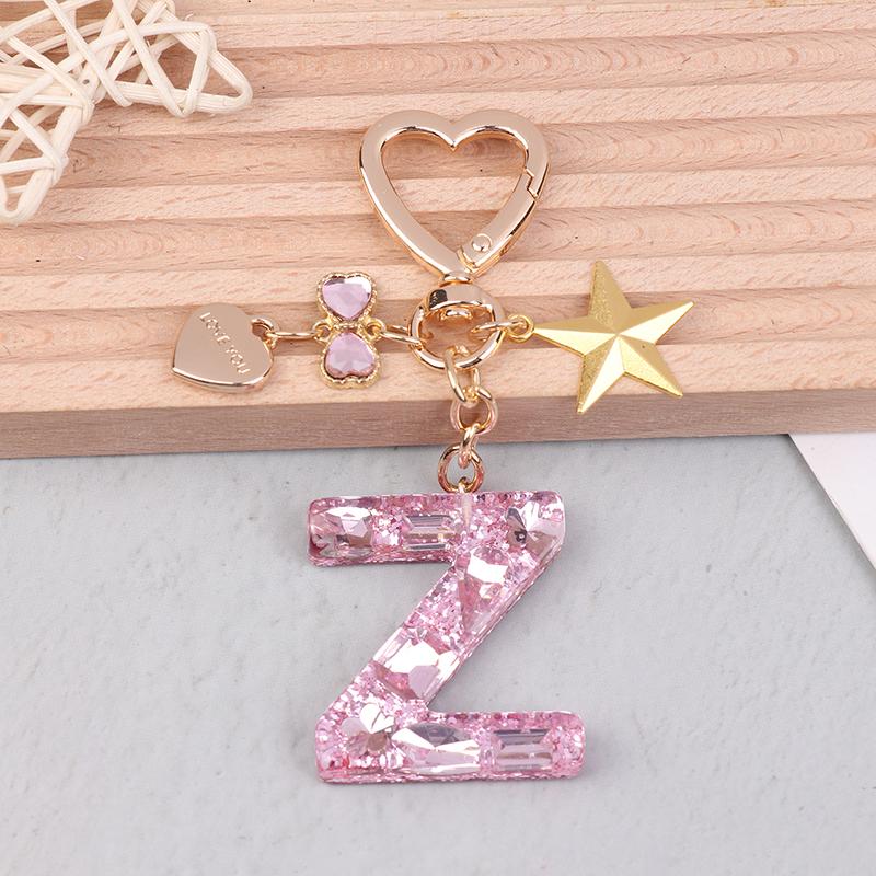 Cute  Bling Keychain A To Z Initial Letter Love Heart Star Pink For Women Girls Bag Cup Pendant Key Chain Accessories
