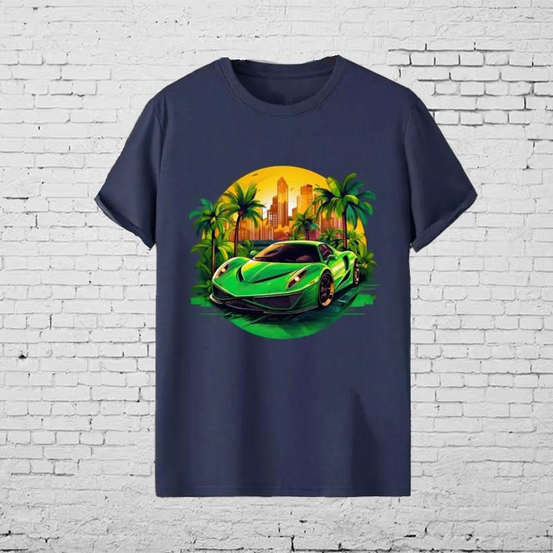 Новая летняя мужская модная футболка с принтом спортивной машины зеленого цвета — фото 3