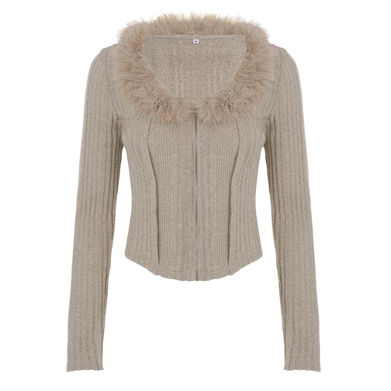European and American Casual Fur Collar Zipper Knit Cardigan Sweater for Women