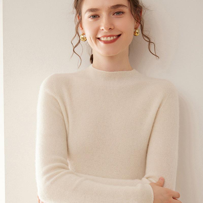 Women's Cashmere Striped Pullover - Slim-Fit Half-High Neck Knitwear for Autumn & Winter