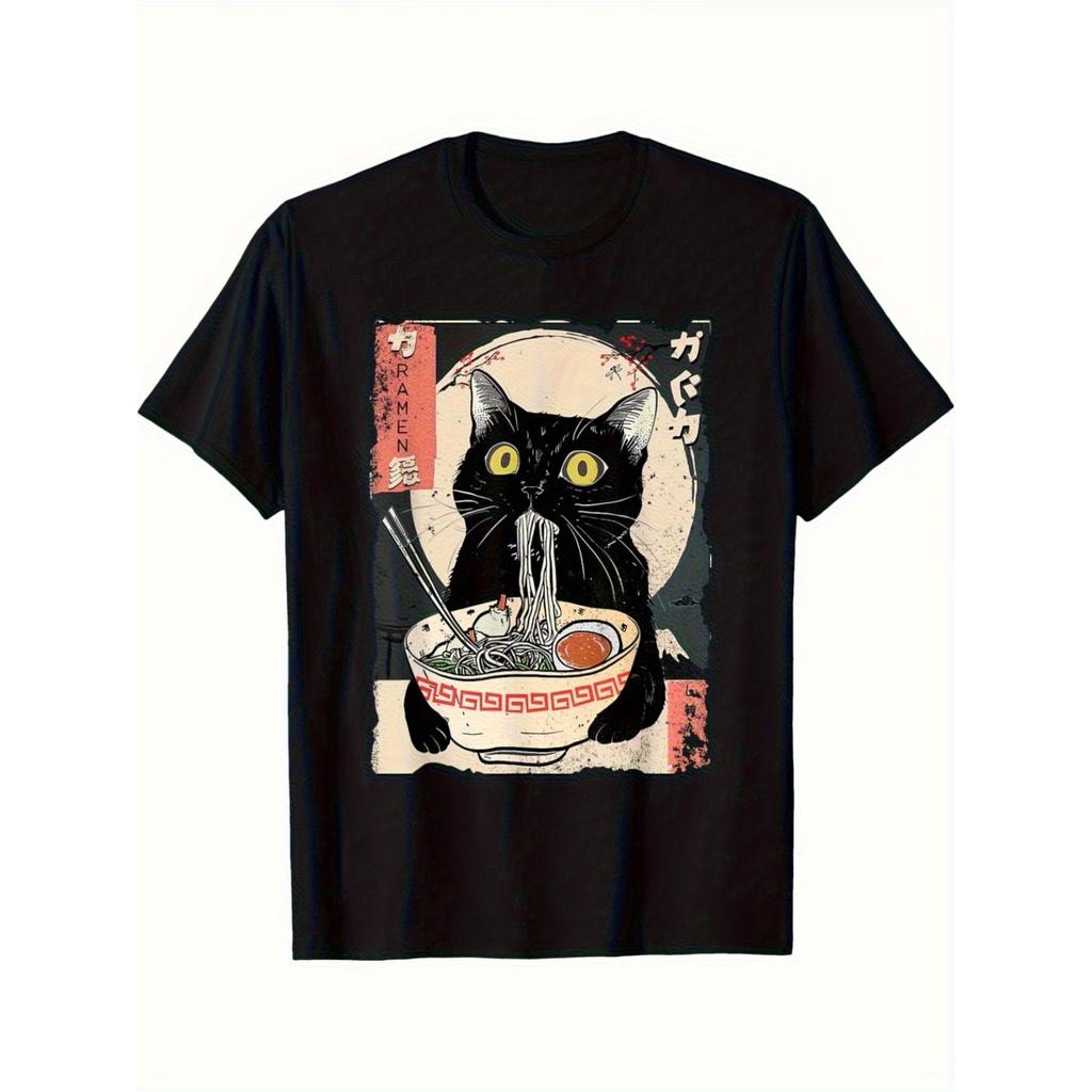 Vintage Cat Ramen T-Shirt | Men's Japanese Anime Kitten Eating Noodles Print