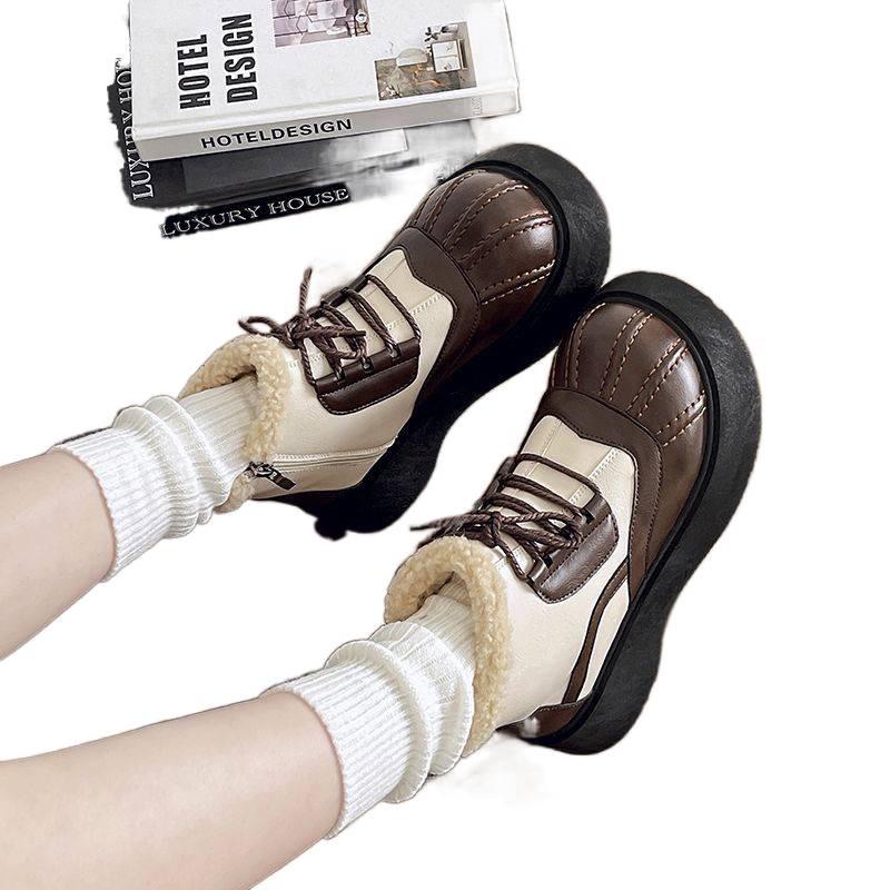 Women's Korean Style Thick Sole Ankle Boots - British College Style, Autumn/Winter High Heels, Height Increasing, Cotton Shell.